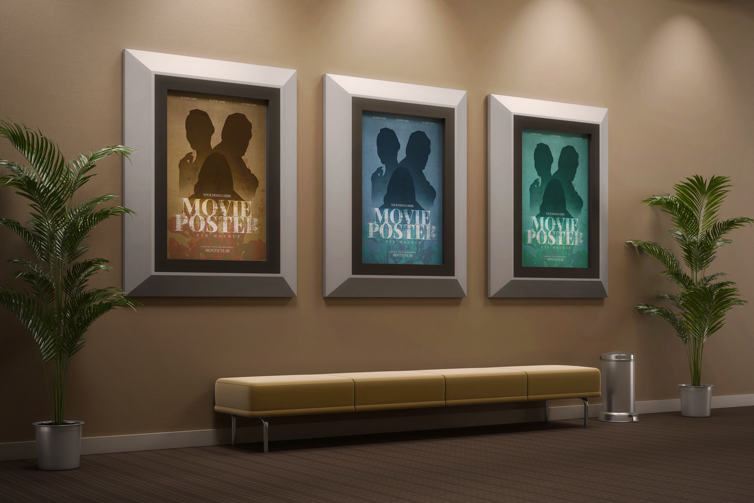 cinema film movie poster 27 x 40 inch size with frame hanging in wall realistic editable mockup template psd