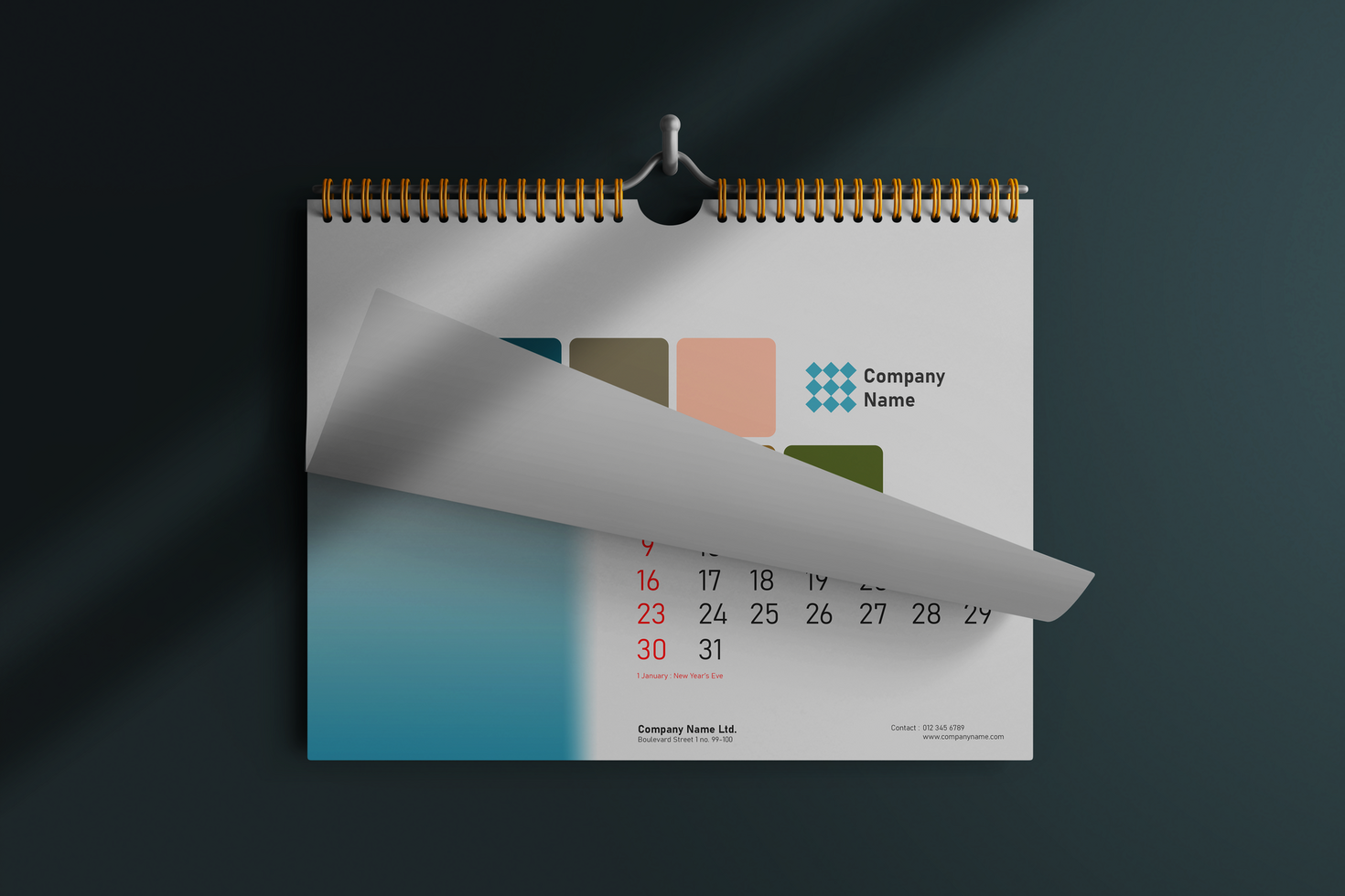 realistic landscape hanging wire bound wall calendar with curled page editable mockup psd