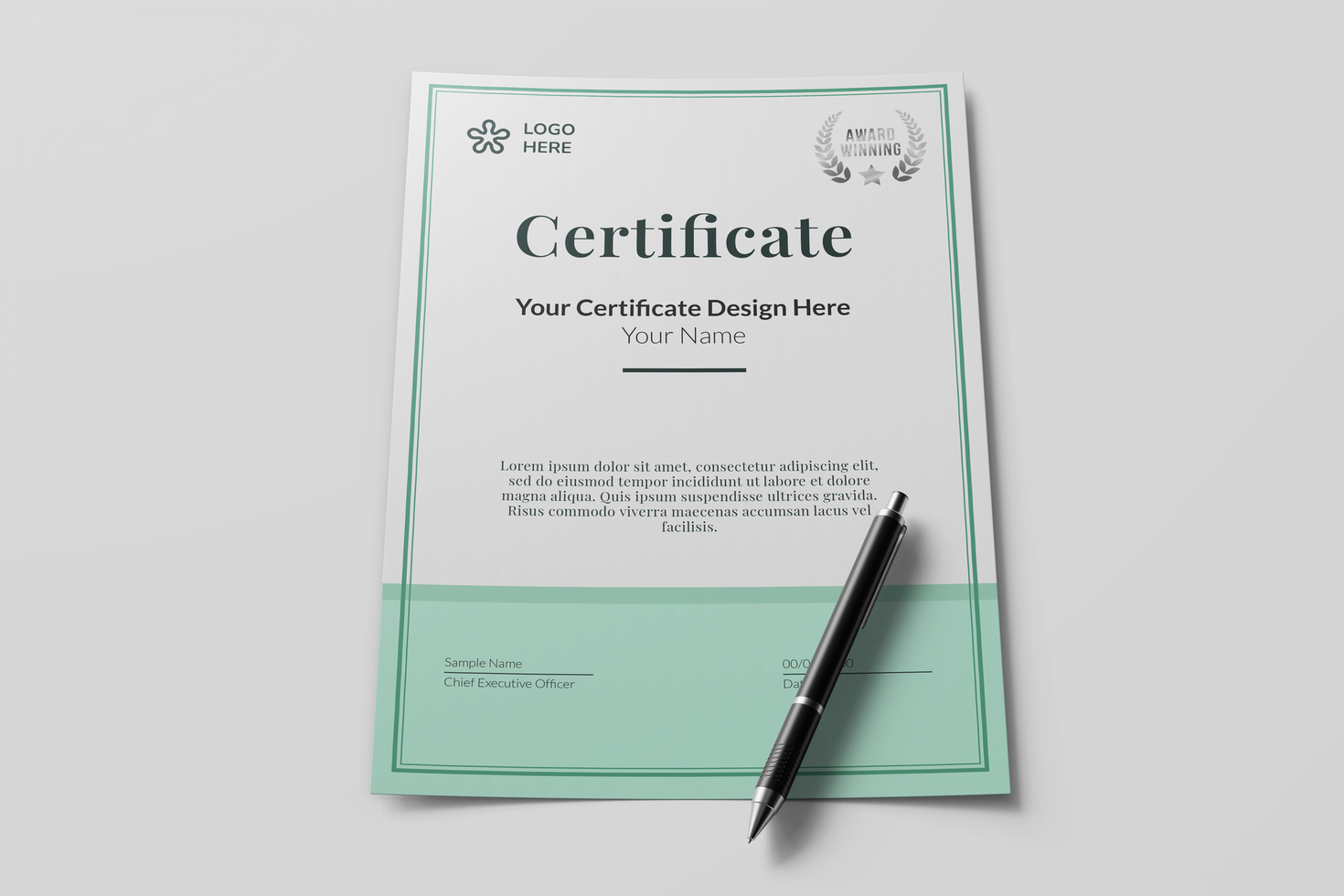 vertical minimal a4 certificate achievement paper with black signature pen realistic mockup template isolated psd