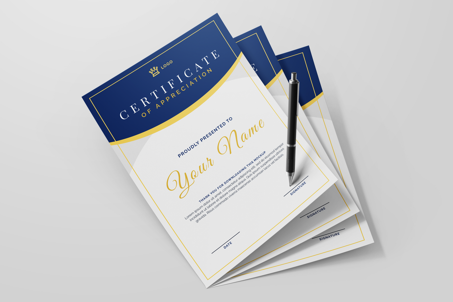 vertical minimal a4 certificate achievement paper with black signature pen realistic mockup template isolated psd