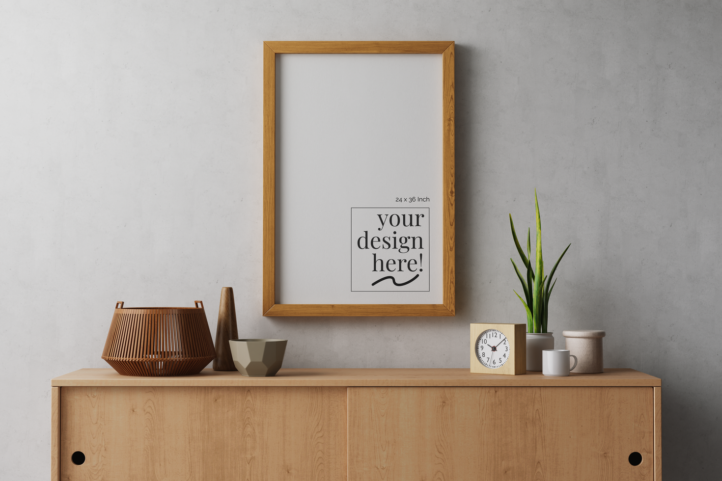 vertical large 24x36 inch natural wooden frame realistic editable mockup with canvas paper poster artwork in in modern scandinavian interior psd