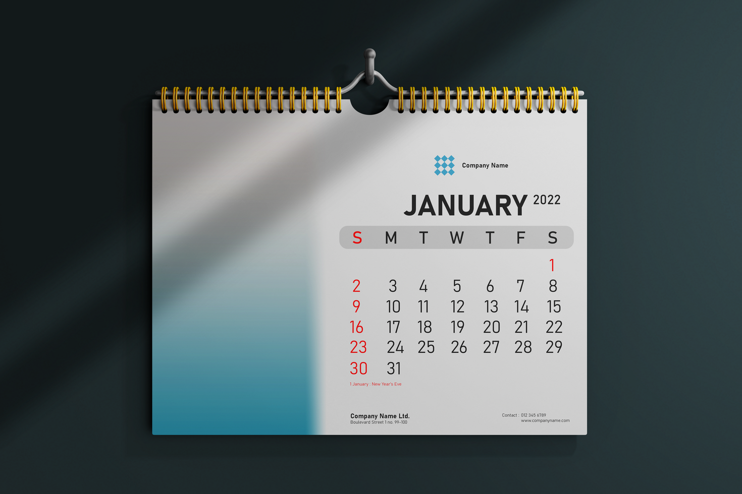 modern landscape 8.5x11 inches spiral wall hanging calendar realistic mockup front view psd