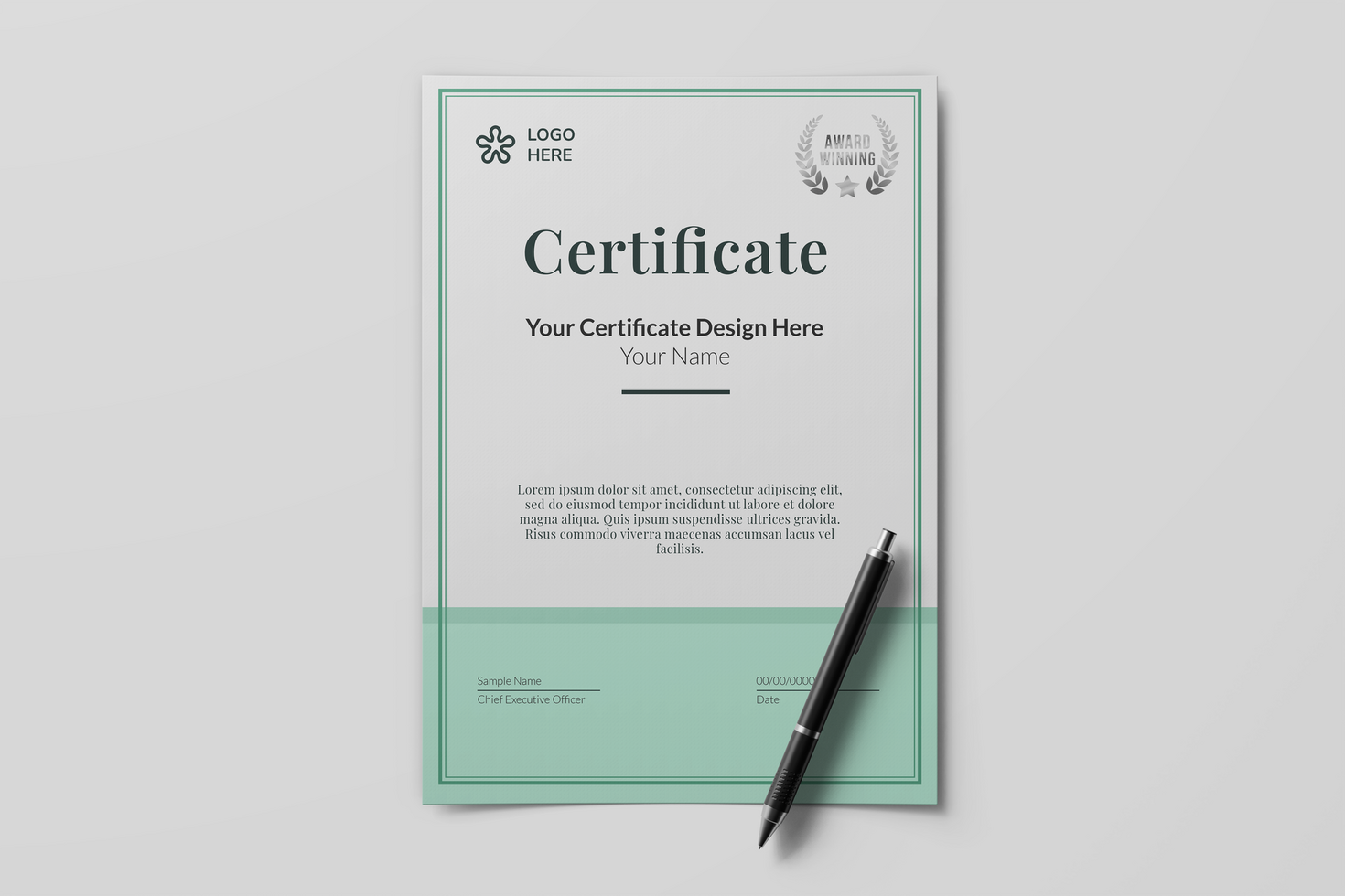 vertical minimal a4 certificate achievement paper with black signature pen realistic mockup template isolated psd