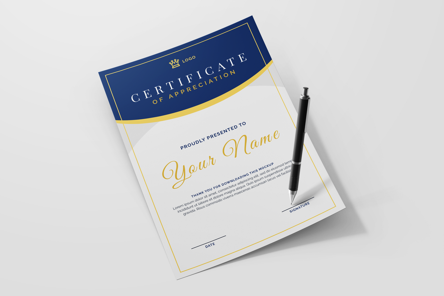 vertical minimal a4 certificate achievement paper with black signature pen realistic mockup template isolated psd