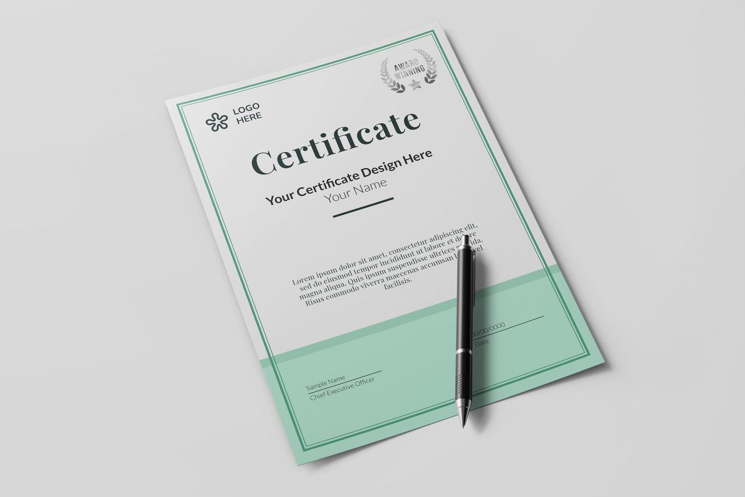 vertical minimal a4 certificate achievement paper with black signature pen realistic mockup template isolated psd