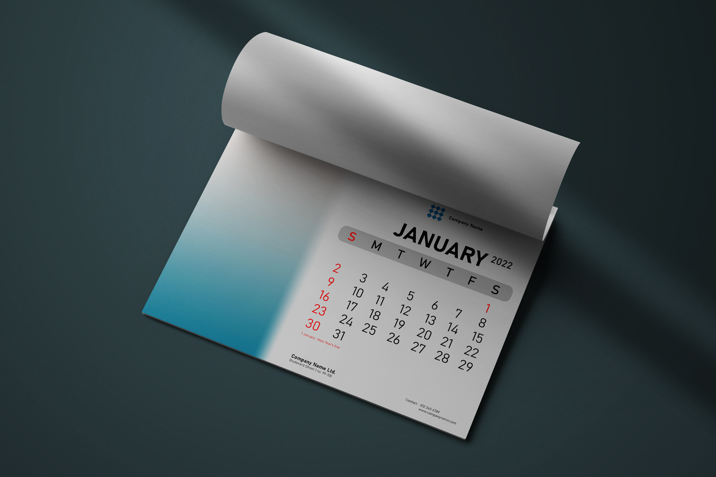 flat lay horizontal 8.5x11 inches wire bound wall calendar editable realistic mockup psd