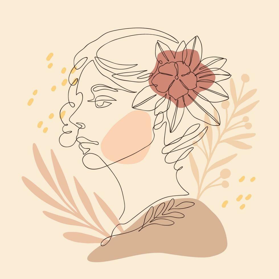 One line drawing of woman face with flowers. Continuous line art in elegant style for print, tattoo, posters, textile, cards. Minimalist portrait vector