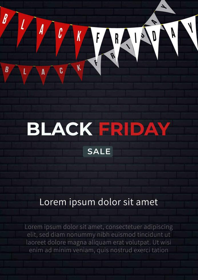 Black friday sale design. Illustration of glowing brick wall and flag ornament for promotion, advertising, banner, background vector