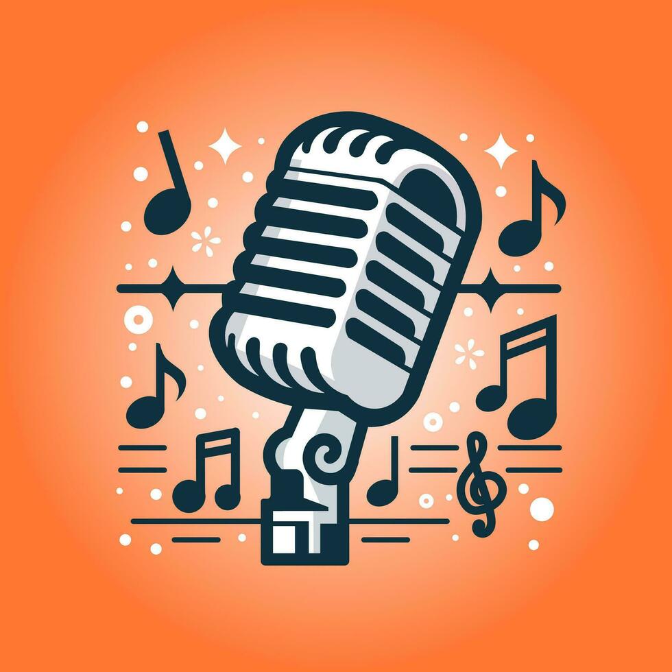 Vintage microphone with separated music notes on orange background. Vector illustration EPS 10.