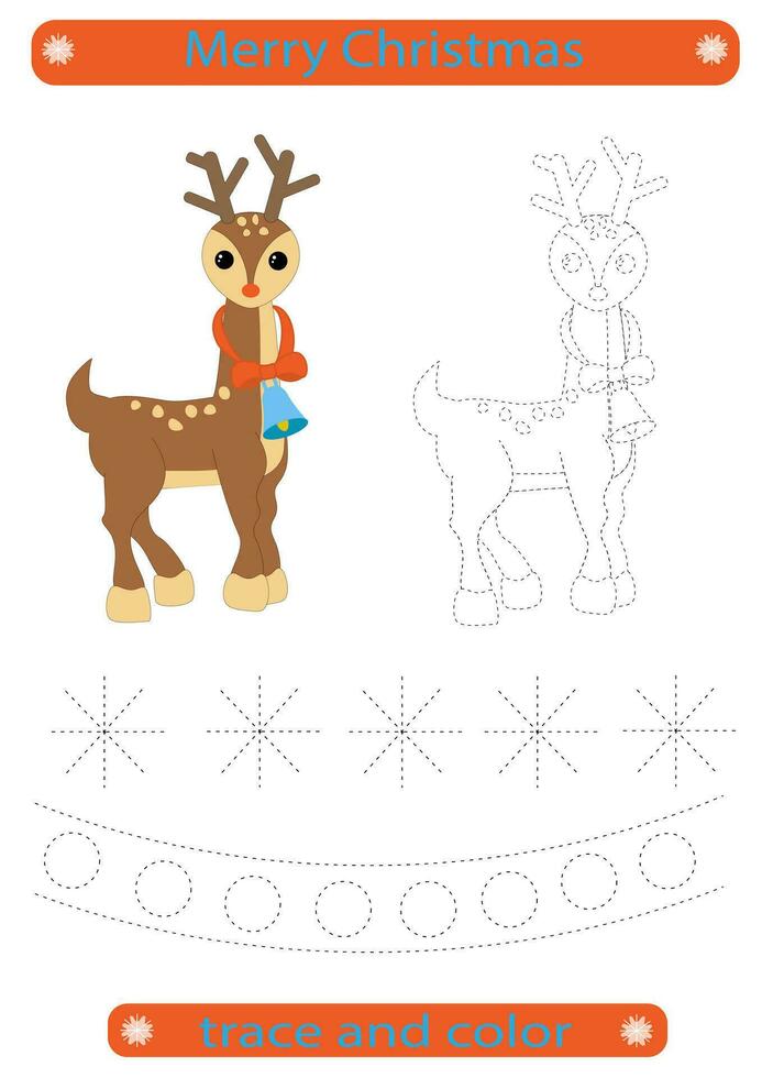 Tracing lines for children. Christmas, cute Christmas deer, handwriting practice development. EPS10 vector