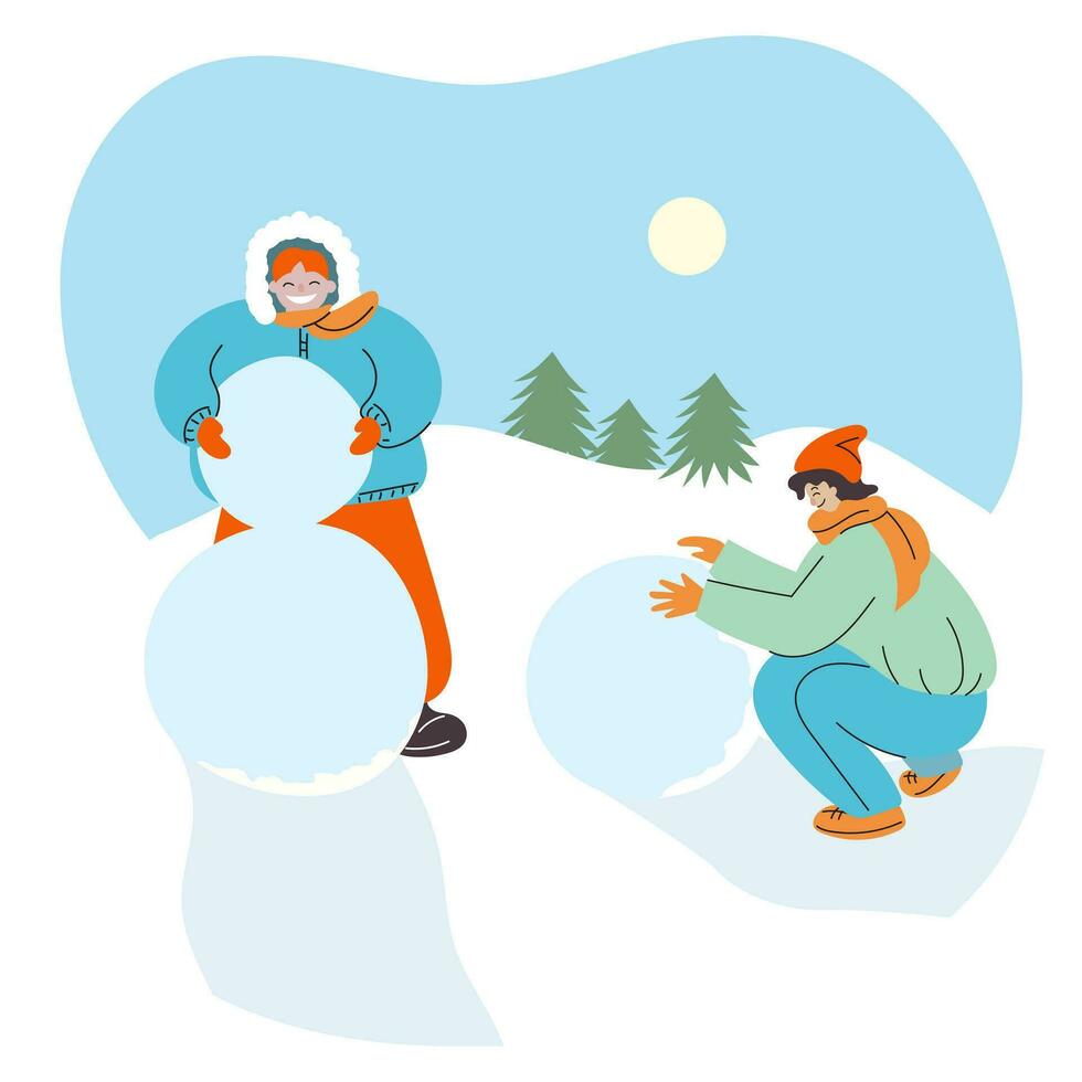 Winter outdoor activities with children. Kids make a snowman. Wintertime fun. Flat cartoon vector illustration. Cute characters