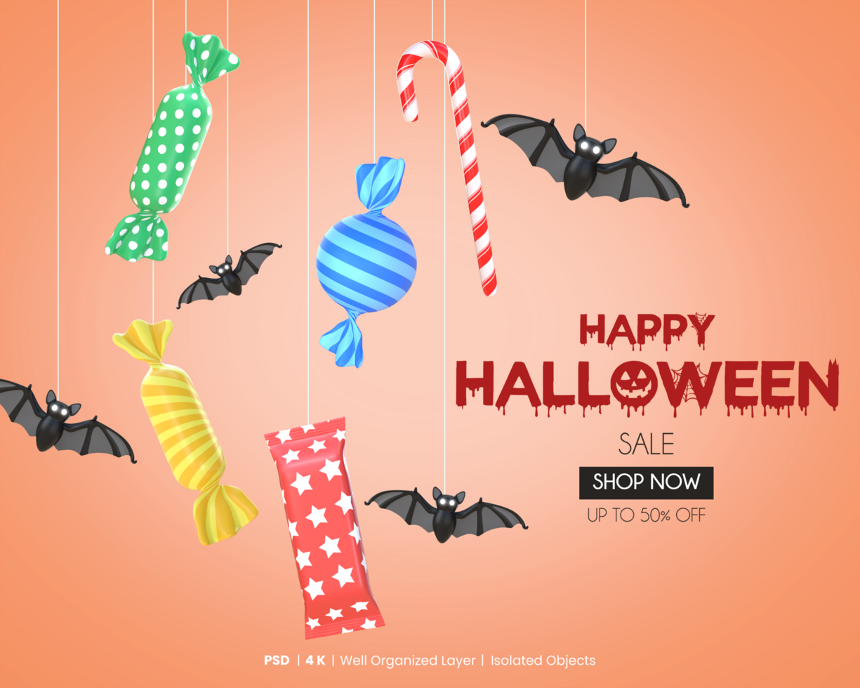 Happy Halloween Sale Template With 3D Rendering Hanging Bats And Candies psd