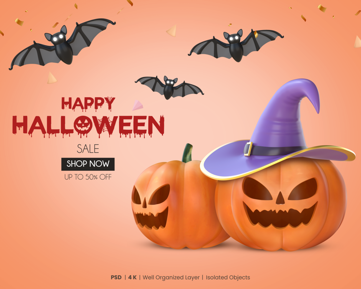 Happy Halloween Sale Template With 3D Rendering Pumpkins With Witch Hat And Bats psd