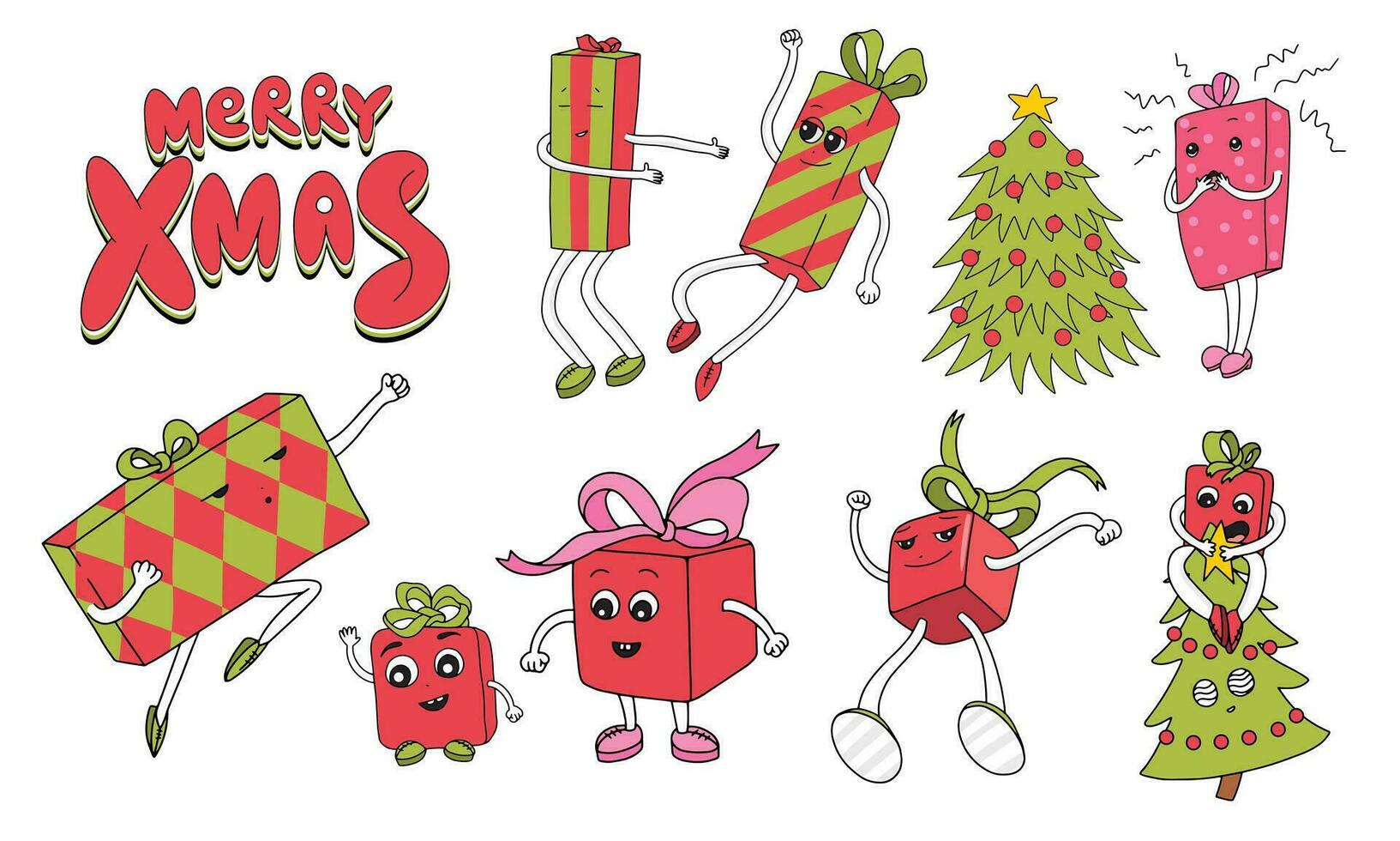 90s style Merry Christmas set with different cartoon gift boxes characters. Funny Xmas presents. Dancing and jumping christmas boxes with faces, arms and legs. Cartoon flat design vector