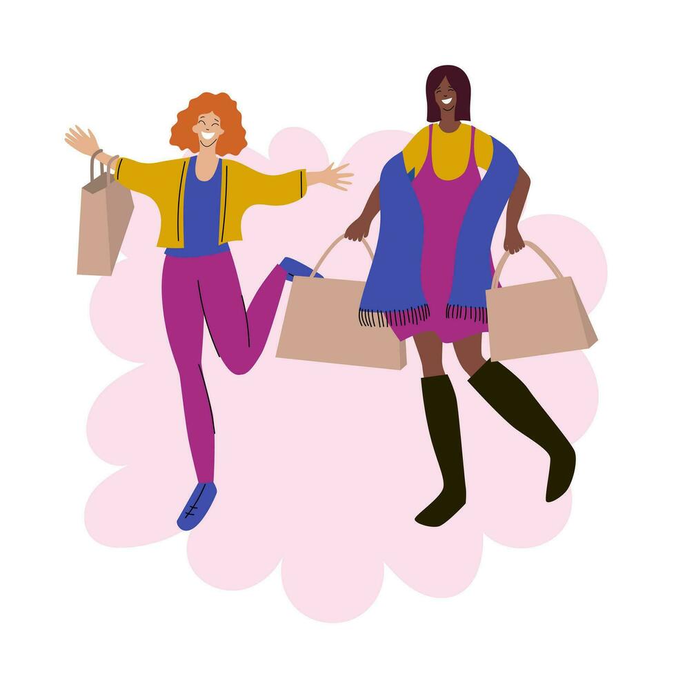 Two happy women with purchases. Shopping girls. Girls with paper bags vector