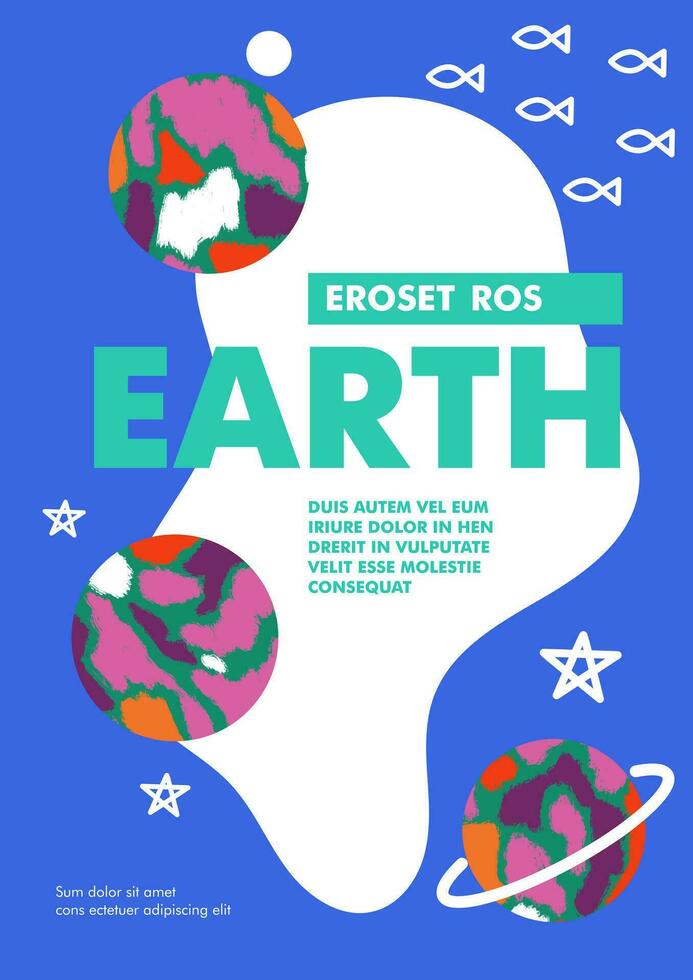 Earth day poster template. Abstract planets, fish, stars. Eco cover, banner, flyer, placard with geometric and nature elements. vector