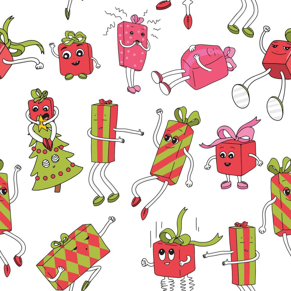 sin costura modelo con diferente dibujos animados regalo cajas caracteres. alegre Navidad conjunto . gracioso Navidad presenta bailando y saltando Navidad cajas con caras, brazos y piernas. dibujos animados plano diseño vector