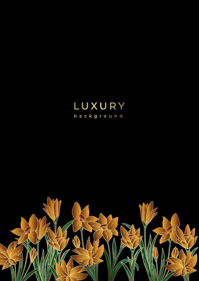 Luxury vintage poster with golden flowers. Vanilla orchid blossom frame on black background. Gold floral template vector