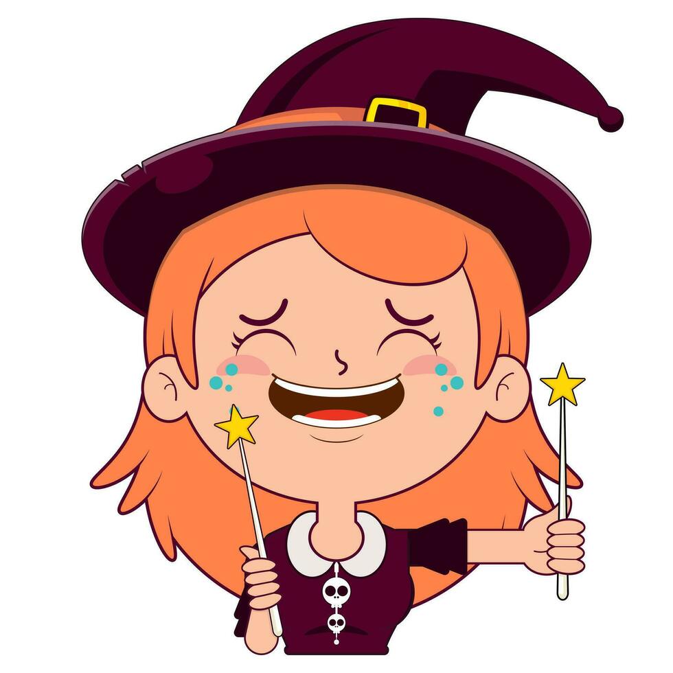 witch holding magic wand laughing face cartoon cute vector