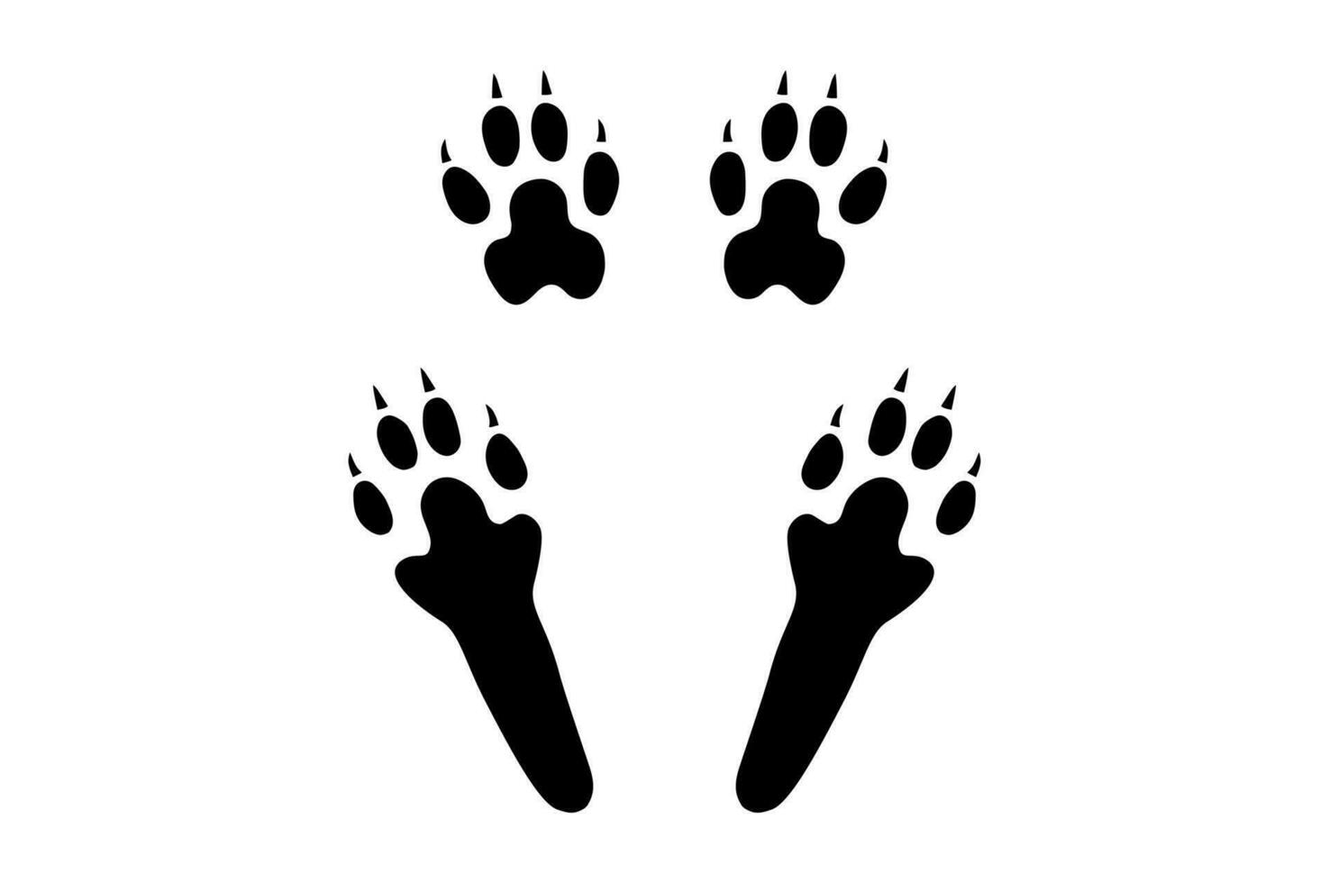 Rabbit or hare paw footprint. Silhouette of four paws, hind and front. Black vector isolated on white. Paw step print of fluffy bunny, hare or pika. Icon, symbol. Print, postcard, booklet, pet store