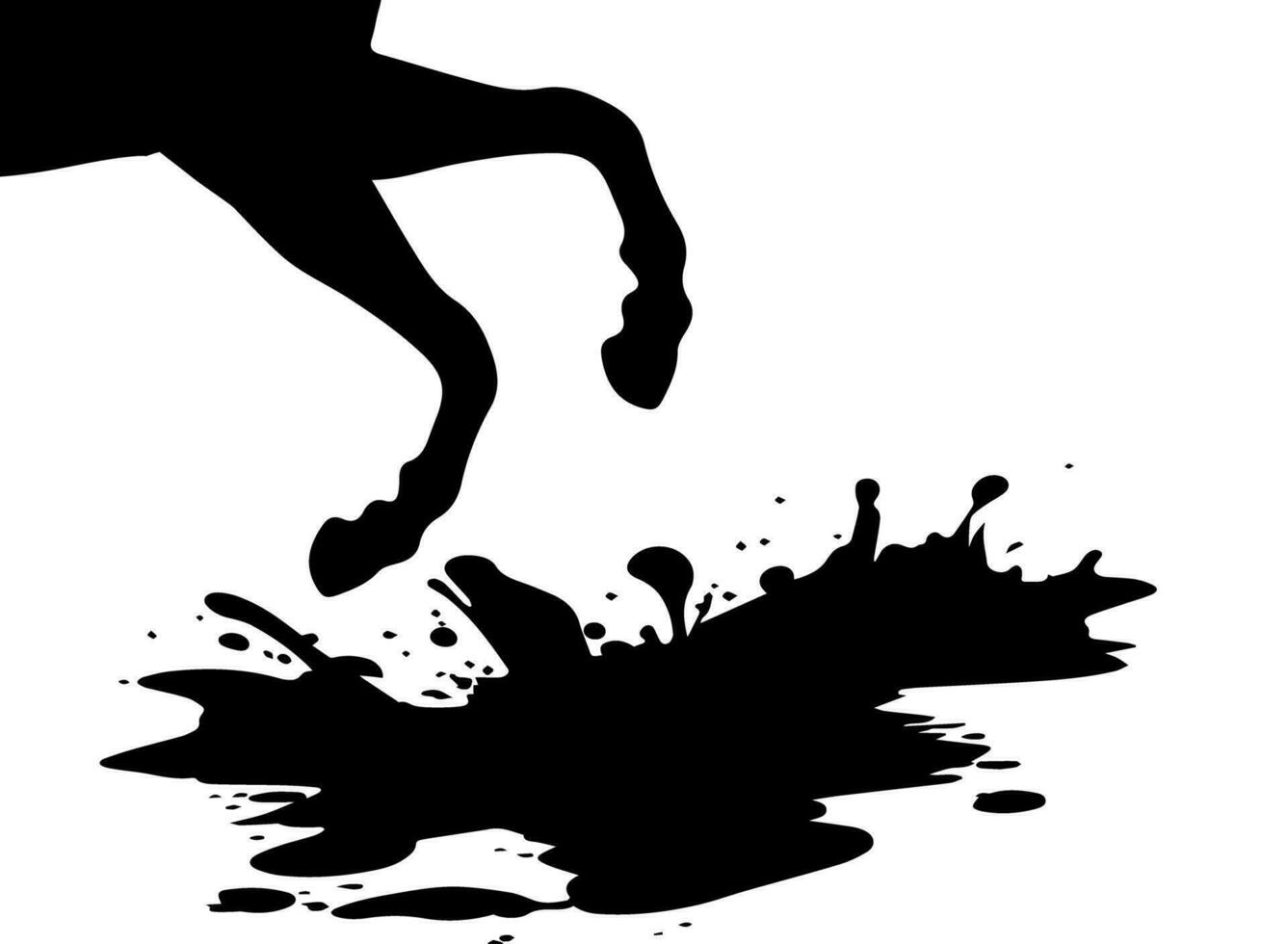 Running horse legs with hooves close-up and puddle of mud with splashes flying from under hooves. Black vector silhouette isolated on white. Traces of horse, mustang running at gallop. Icon, emblem