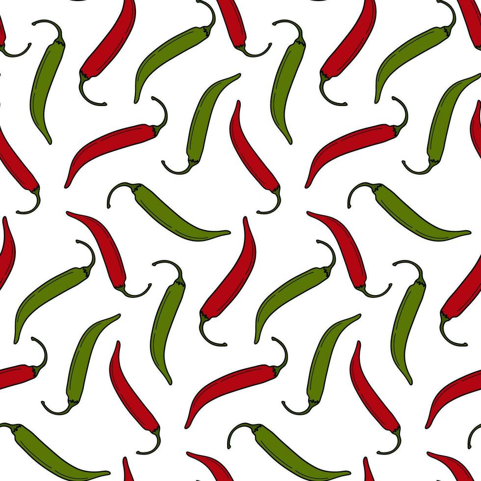 Seamless pattern with chili pepper red and green in trendy bright hues. Abstract background, texture vector