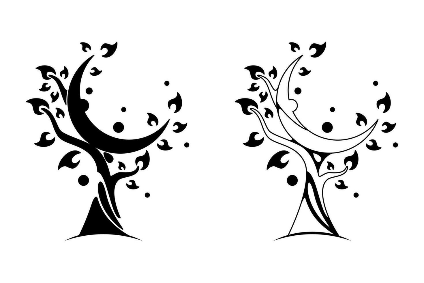 black and white illustration of crescent moon tree. line art, silhouette, hand drawn and sketch style. used for halloween, decoration, logo, symbol, sign or print vector