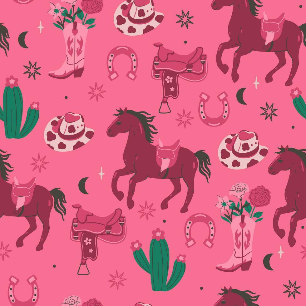 Cowgirl themed seamless pattern in pink colors. Vector graphics.