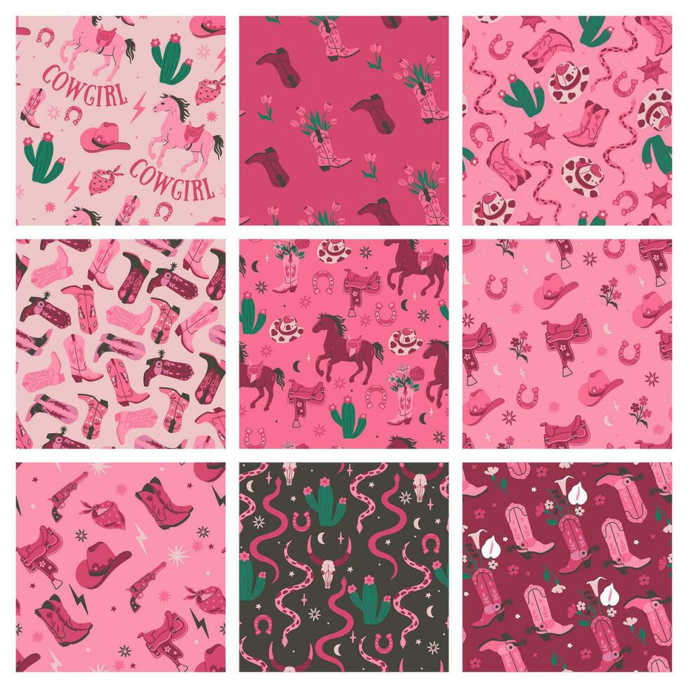 A set of seamless patterns in a cowgirl theme. Vector graphics.