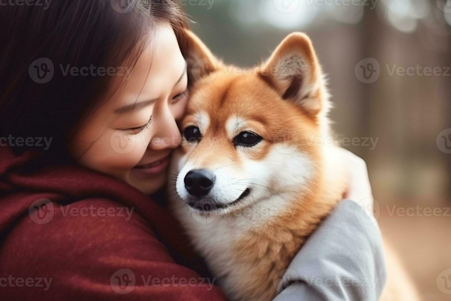 Portrait of people hugging shiba inu dog pet concept AI Generative photo