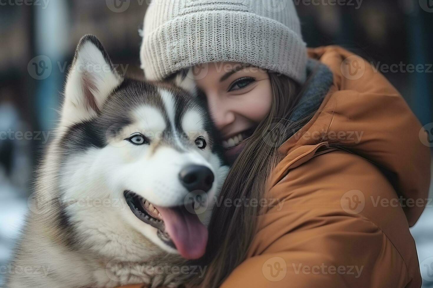 Portrait of people hugging husky dog pet concept AI Generative photo