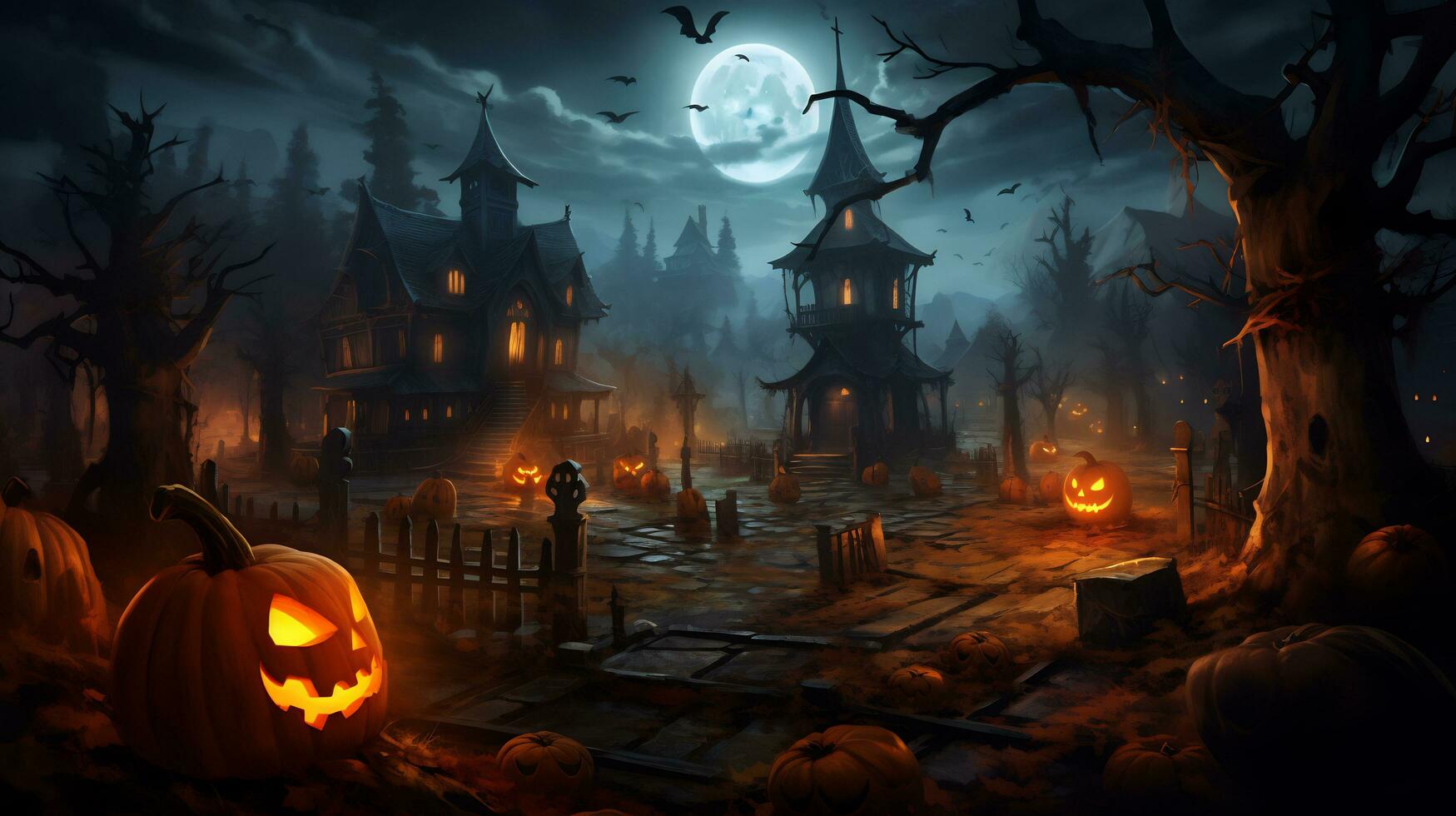 Spooky halloween wallpaper with pumpkin and old house AI Generative photo