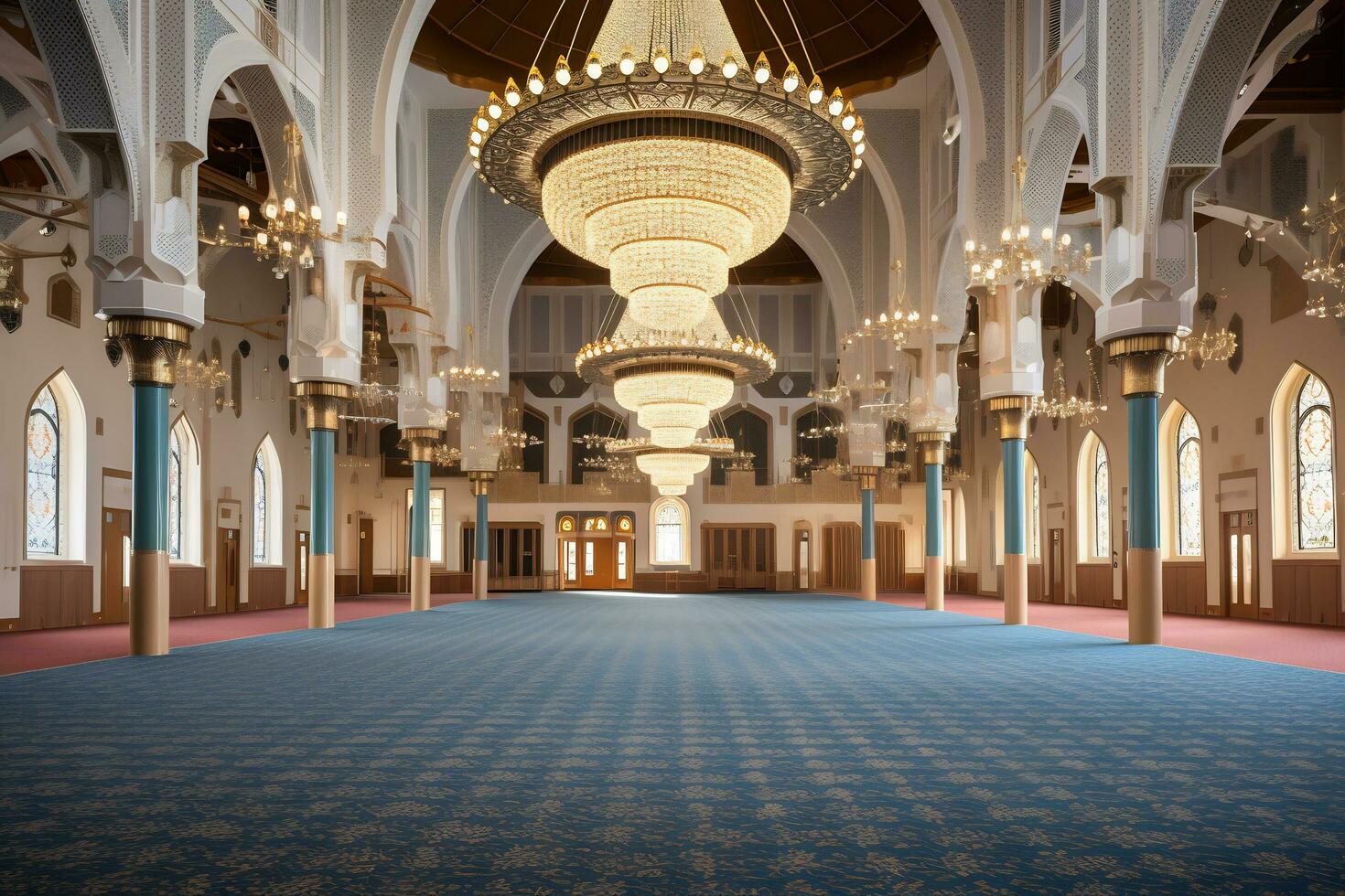 View of inside mosque with a large carpet AI Generative photo