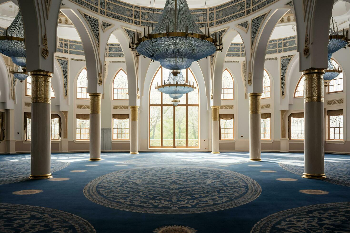View of inside mosque with a large carpet AI Generative photo
