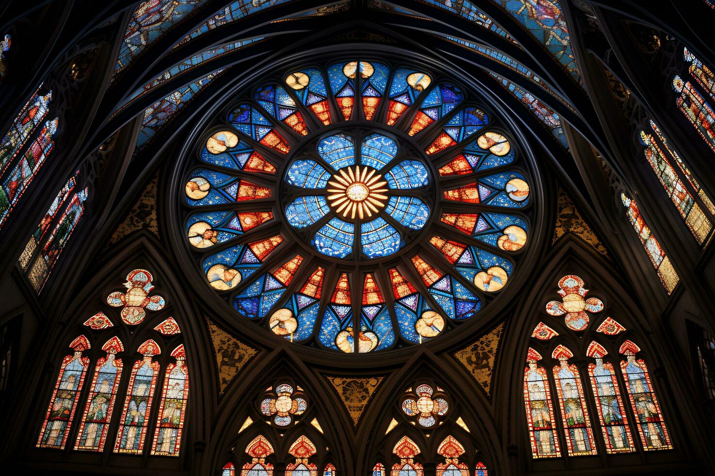 View of gothic cathedral stained glass AI Generative photo