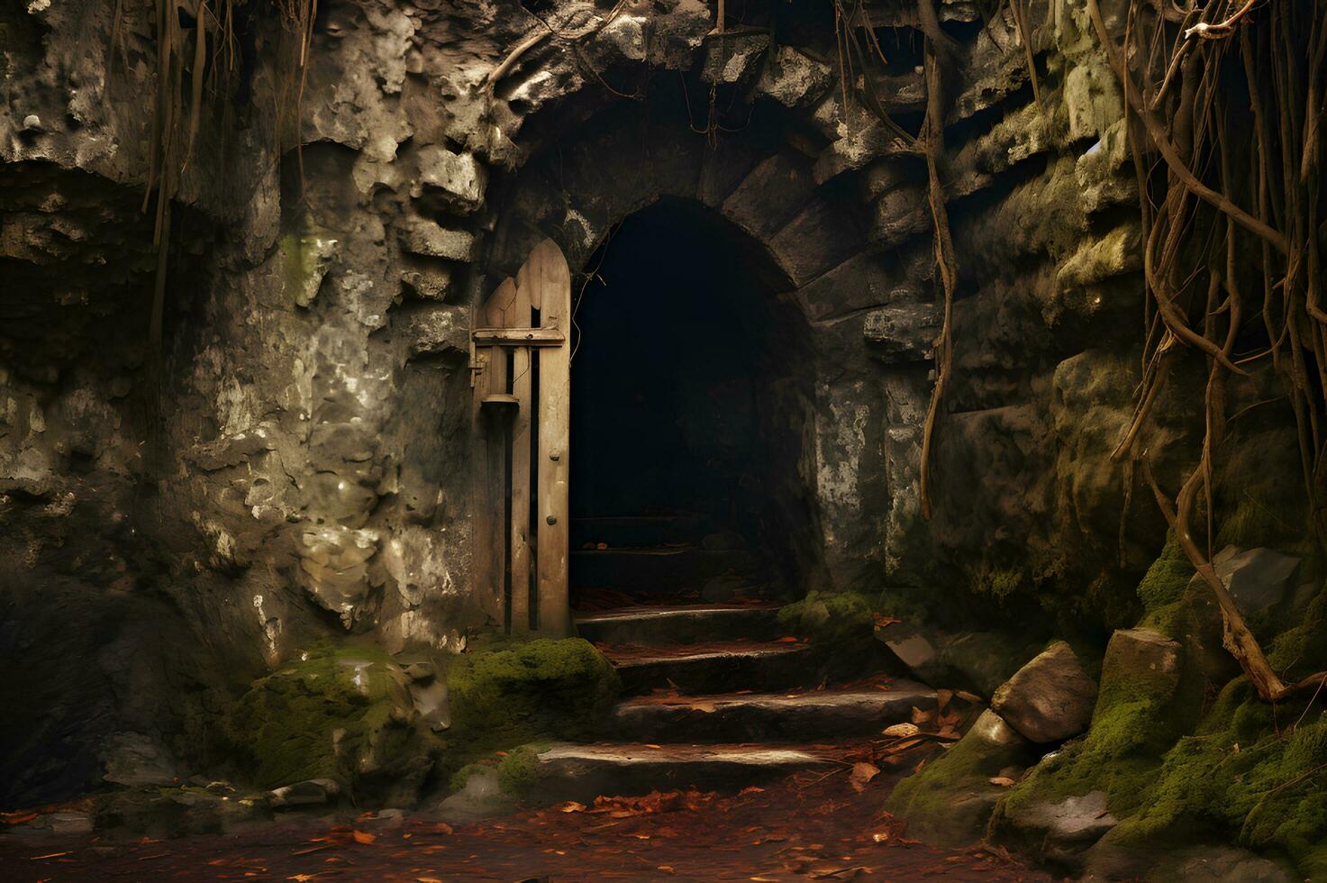 Spooky old doorway leads to abandoned dungeon AI Generative photo