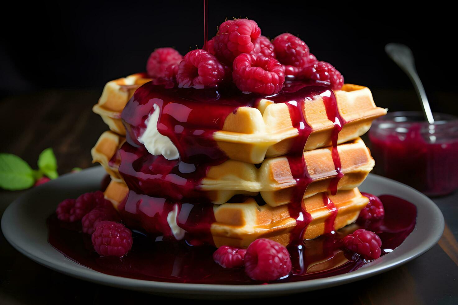 Shot of stacked waffle with berry syrup AI Generative photo