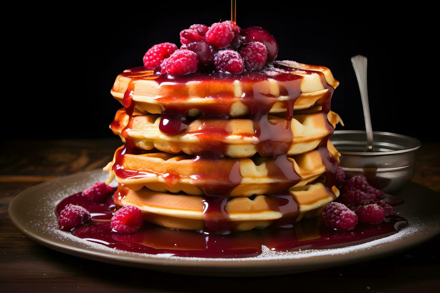 Shot of stacked waffle with berry syrup AI Generative photo