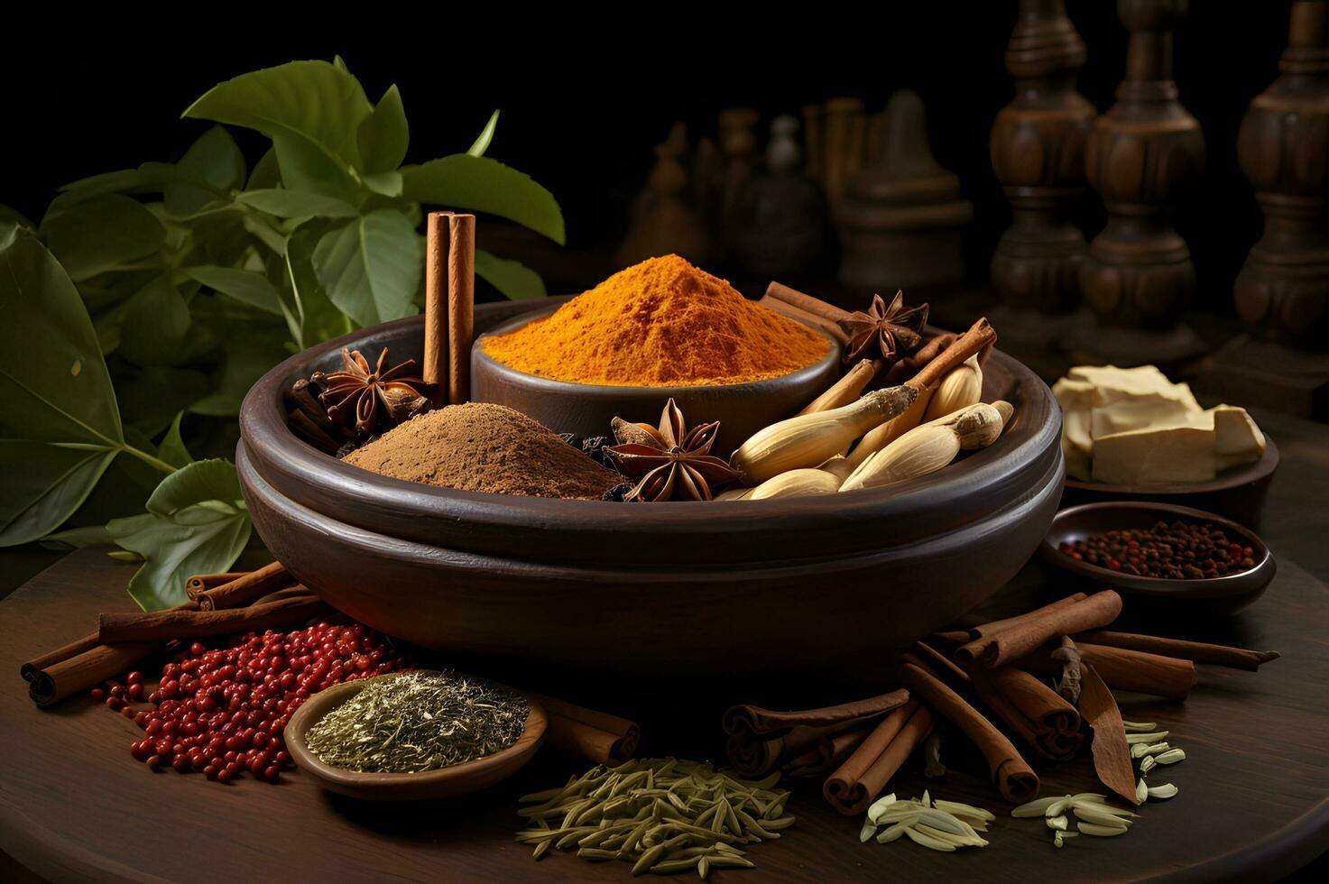 Spices and herbs on top of wooden table AI Generative photo