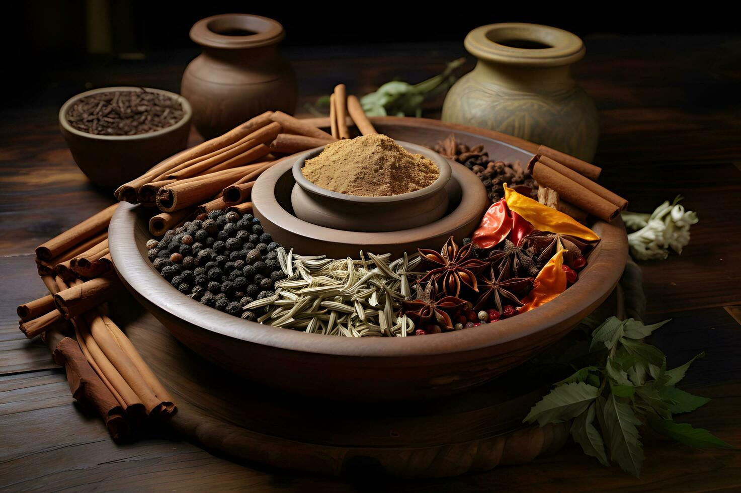 Spices and herbs on top of wooden table AI Generative photo