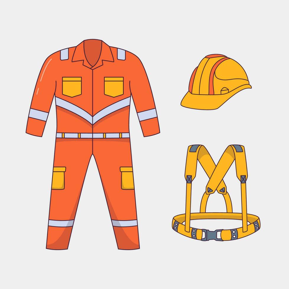 Worker uniform with savety helmet and save belt, builders constructors uniform illustration vector