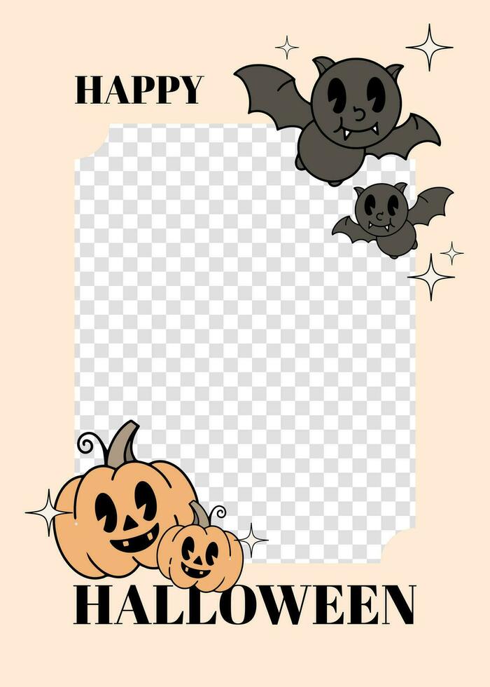 Happy Halloween, shiny pumpkin and bat, photo frame vector
