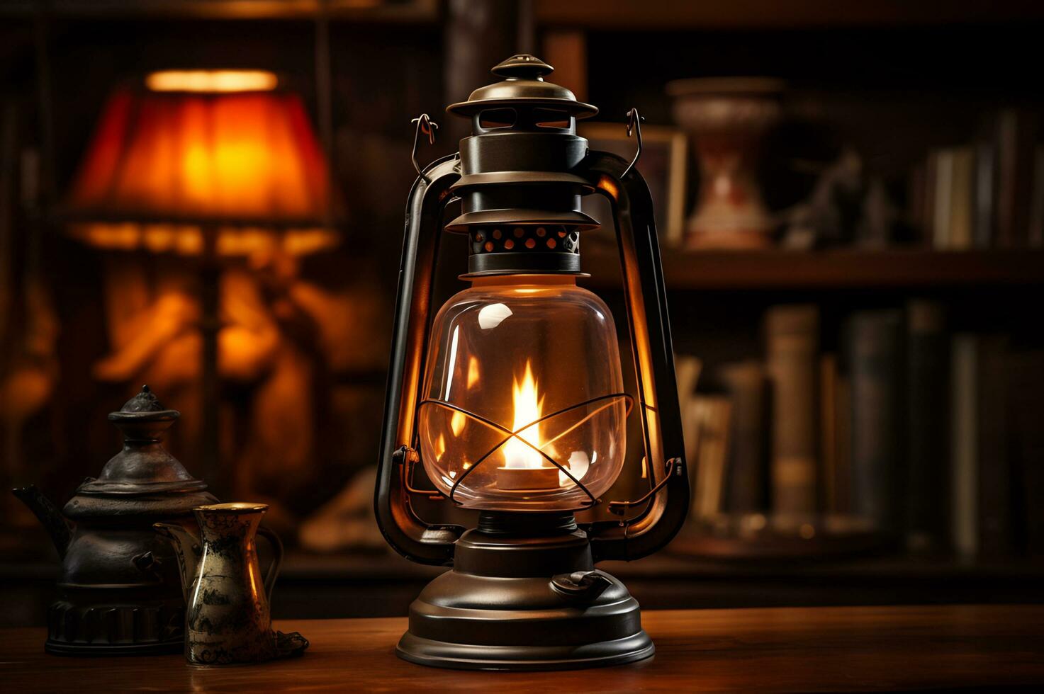 An antique lantern with the light on AI Generative photo