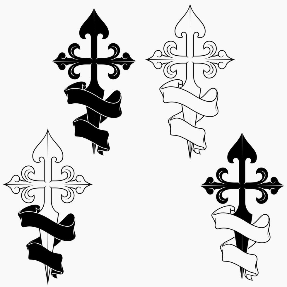 Vector design of christian symbology of the apostle santiago, santiago cross surrounded by a ribbon