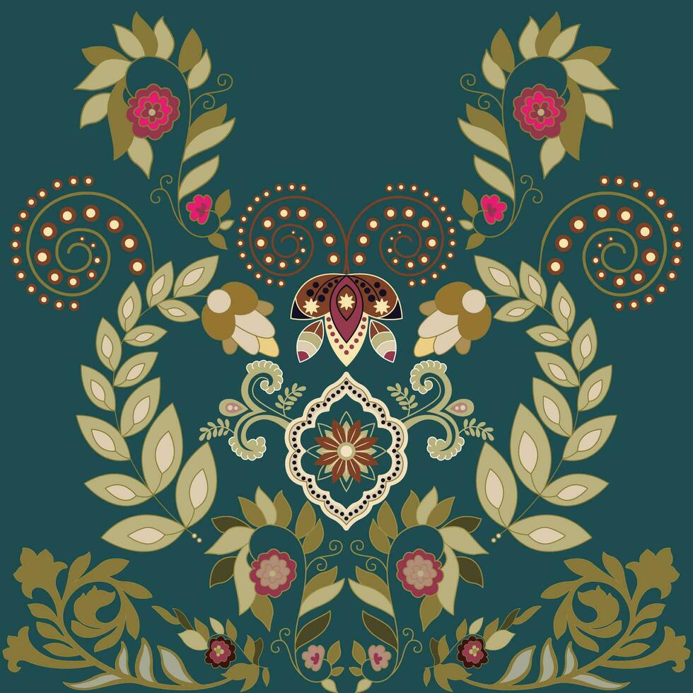 A vibrant floral design with intricate leaves and blossoming flowers on a captivating blue backdrop vector