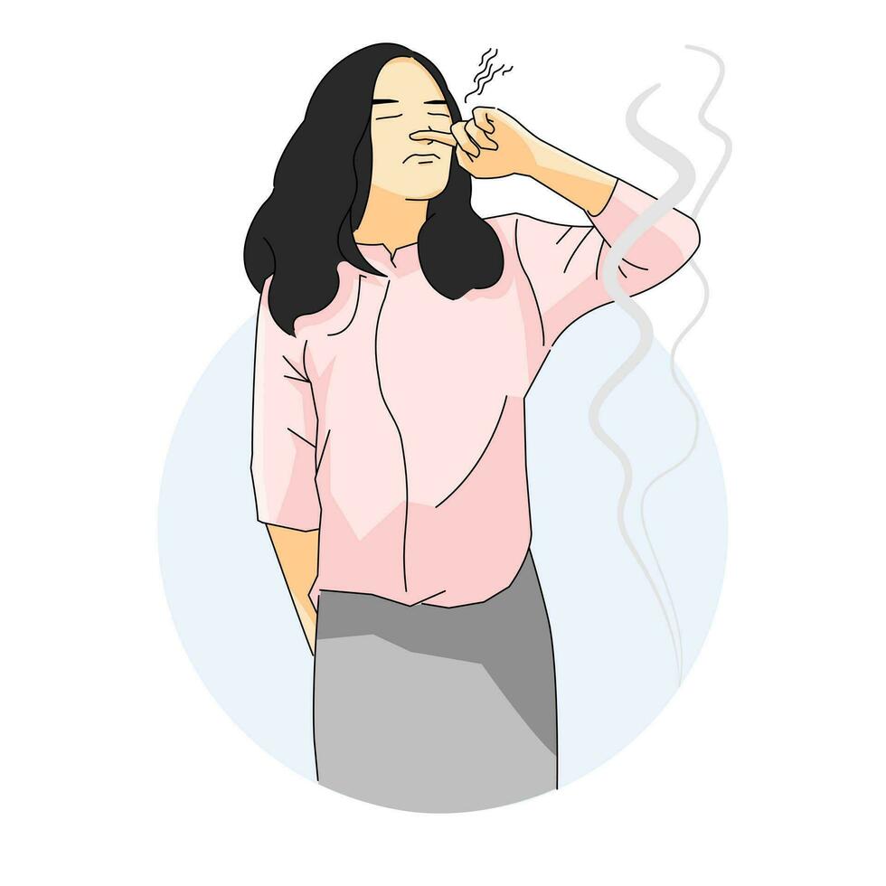 girl standing closing nose bad smell vector