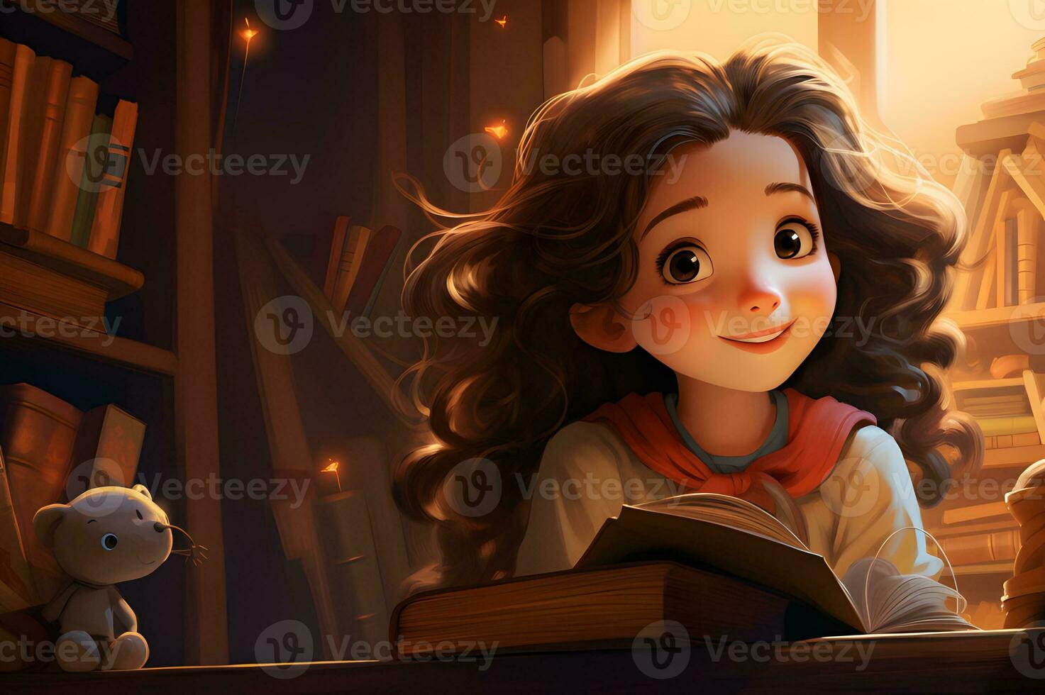 Cute girl reading literature on library AI Generative photo