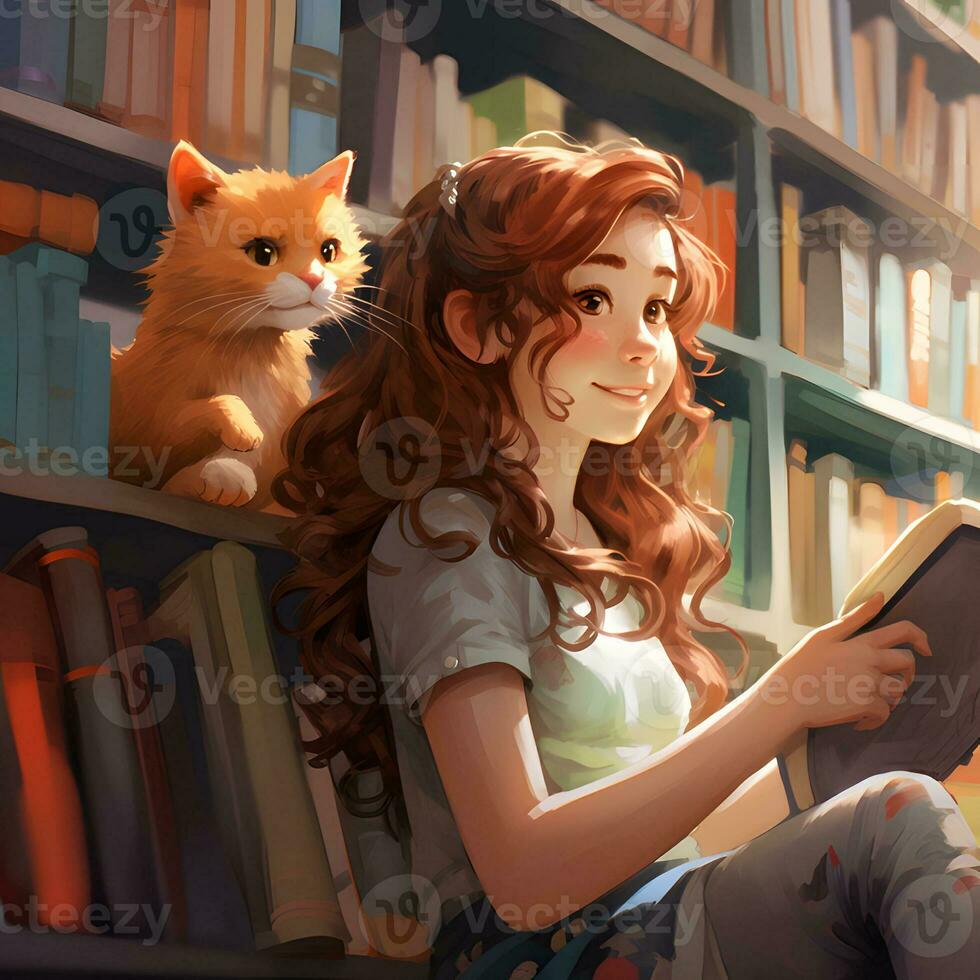 Cute girl reading literature on library AI Generative photo