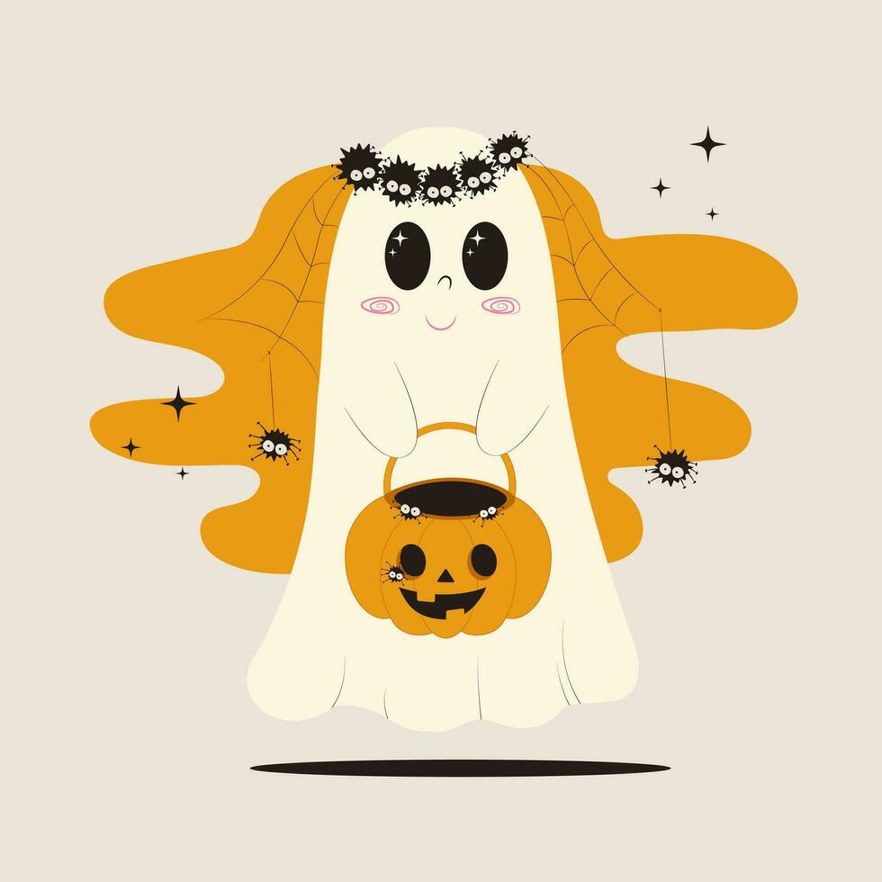 Vector illustration in groove style of a cute ghost in a wedding veil-web with dangling spiders. The ghost looks like a bride and carries a basket - pumpkin. Card or invitation Happy Halloween.