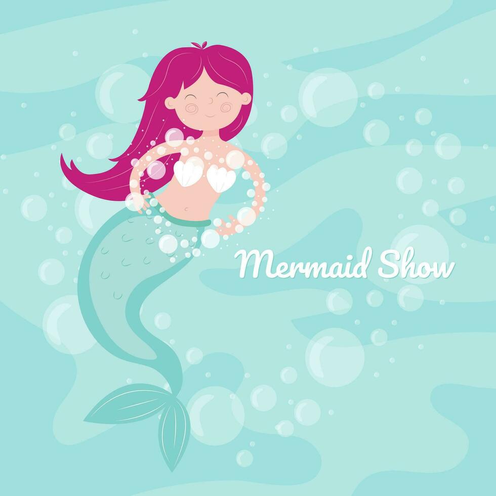 Invitation to the aquarium for a mermaid show. A cute mermaid with pink hair in an aquarium on a blue background does a trick with her hands - a heart made of bubbles. Vector illustration.